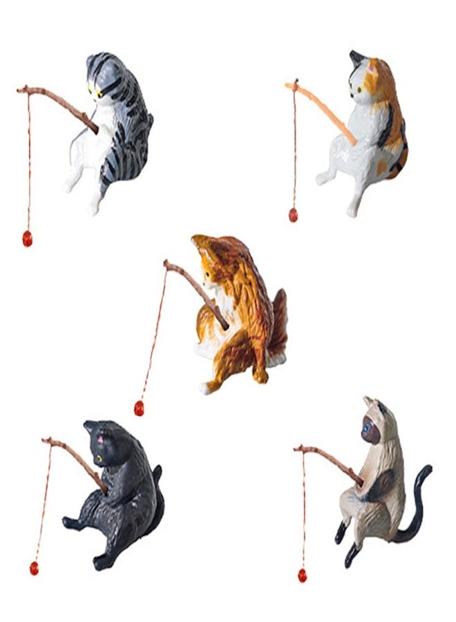 Qpets® Fish Tank Accessories, Cartoon Cat Figurines Fishing Kitty PVC Mini Sculptures Desk Decor & Aquarium Ornaments (5-Pack) - Image 1